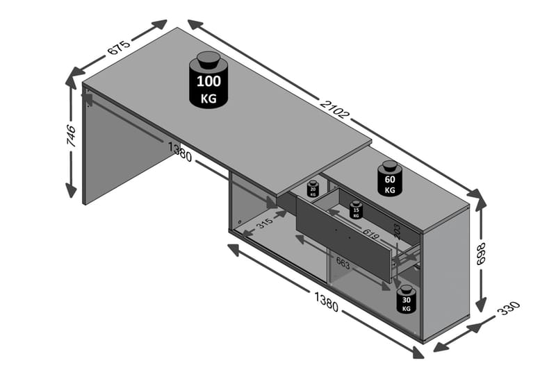 Hörnskrivbord Imani 138 cm med Justerbar Hylla - Vit|Betong - Hörnskrivbord