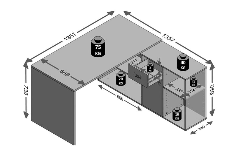 Lexo Hörnskrivbord 136 cm med Justerbar Hylla - Betong - Möbler - Bord & matgrupp - Kontorsbord - Skrivbord - Hörnskrivbord