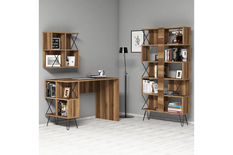 Hovdane Skrivbord 120 cm med Förvaring + 2 Bokhyllor - Brun/Svart/Ek - Möbler - Bord & matgrupp - Kontorsbord - Skrivbord
