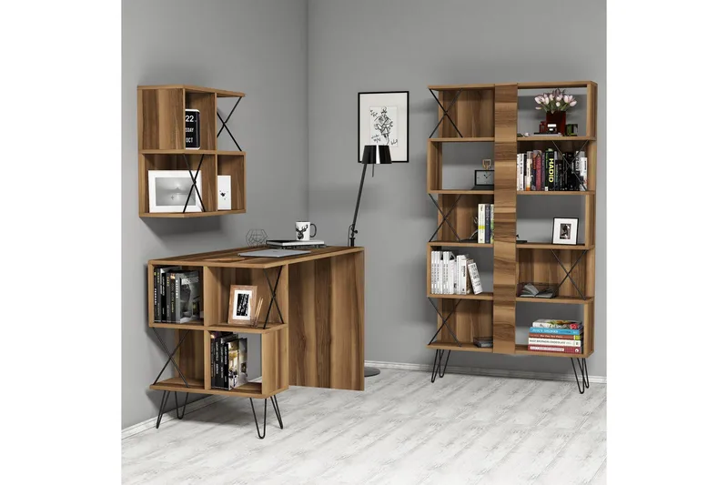 Hovdane Skrivbord 120 cm med Förvaring + 2 Bokhyllor, Brun/Svart/Ek