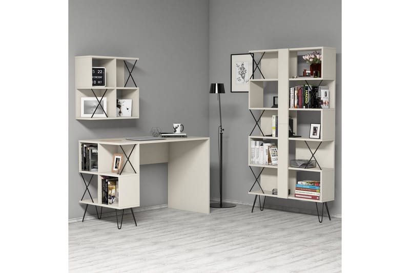 Hovdane Skrivbord 120 cm med Förvaring + 2 Bokhyllor - Krämvit/Svart - Möbler - Bord & matgrupp - Kontorsbord - Skrivbord