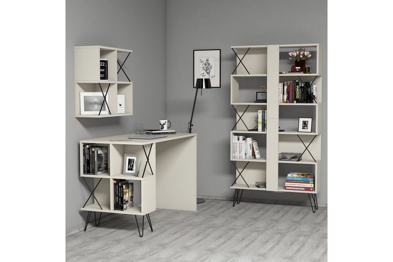 Hovdane Skrivbord 120 cm med Förvaring + 2 Bokhyllor - Krämvit/Svart - Möbler - Bord & matgrupp - Kontorsbord - Skrivbord