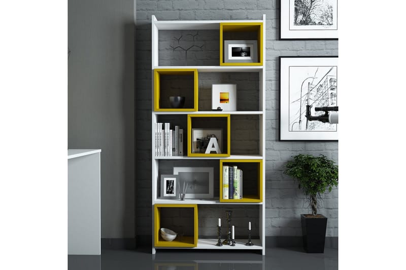 Hovdane Skrivbord 120 cm med Förvaring + Vägghylla +, Vit/Gul