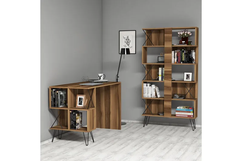 Hovdane Skrivbord 120 cm med Förvaring Hylla + Bokhylla, Svart/Ek/Brun