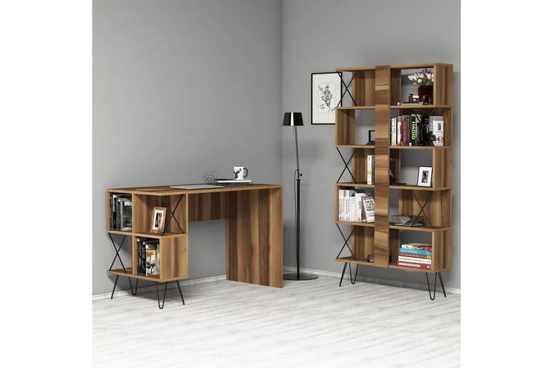 Hovdane Skrivbord 120 cm med Förvaring Hylla + Bokhylla - Svart/Ek/Brun - Möbler - Bord & matgrupp - Kontorsbord - Skrivbord