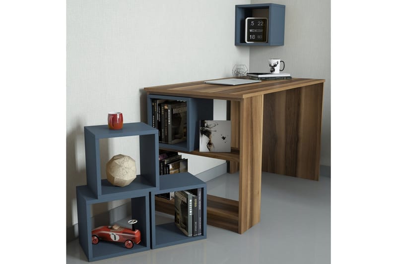 Hovdane Skrivbord 120 cm med Förvaring Hylla + Vägghylla - Brun/Blå - Möbler - Bord & matgrupp - Kontorsbord - Skrivbord