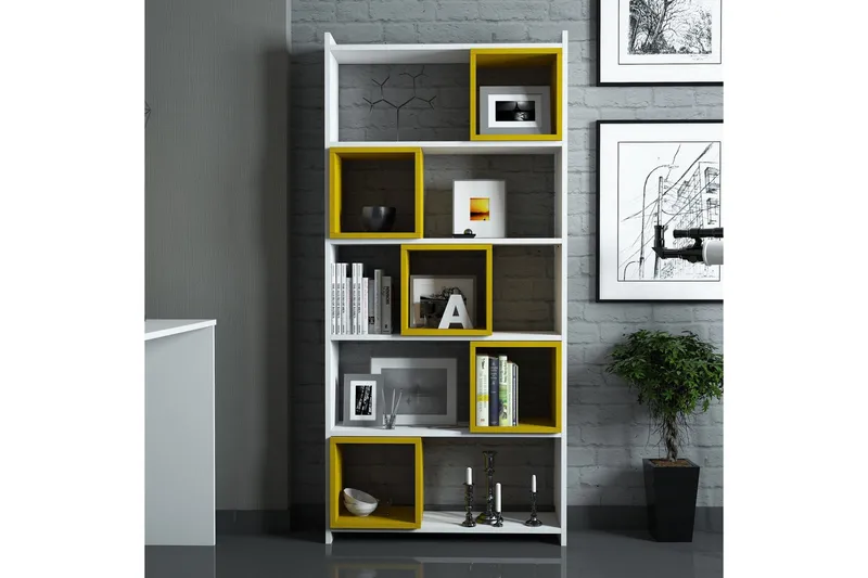 Hovdane Skrivbord 120 cm med Förvaring + Vägghylla +, Vit/Gul