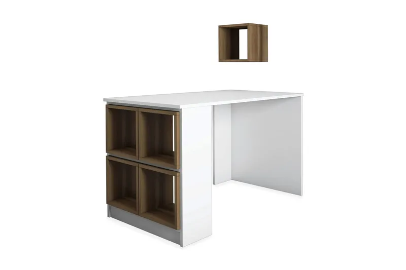 Hovdane Skrivbord 120 med Förvaring Hylla + Vägghylla, Vit/Brun/Ek