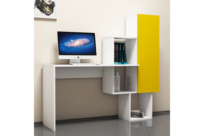 Hovdane Skrivbord 145 cm med Förvaring Hyllor + Skåp - Vit/Gul - Möbler - Bord & matgrupp - Kontorsbord - Skrivbord