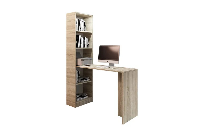 Kylien Skrivbord 125 cm LED-belysning Förvaring Bokhylla Vit - Ekfärg - Möbler - Bord & matgrupp - Kontorsbord - Skrivbord