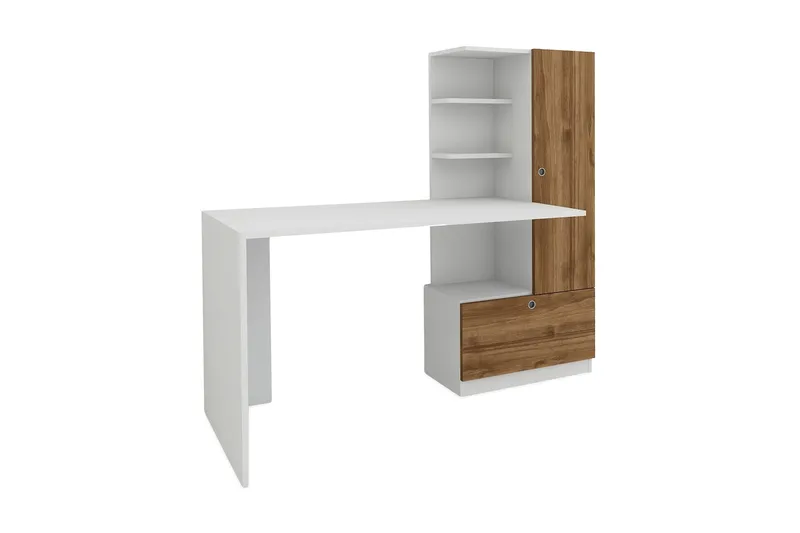 Merinoz Skrivbord 150 cm med Förvaring Hyllor + Låda + Skåp, Vit/Valnötsbrun