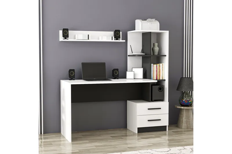 Puijas Skrivbord 120 cm med Förvaring Låda + Hyllor + Vägghy - Vit/Svart - Möbler - Bord & matgrupp - Kontorsbord - Skrivbord