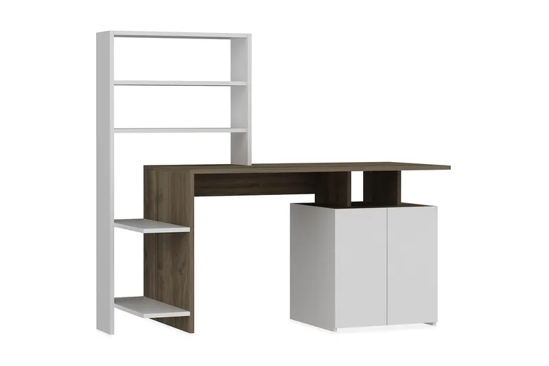 Raymer Skrivbord 146 cm med Förvaring Hyllor + Skåp, Valnötsbrun/Vit