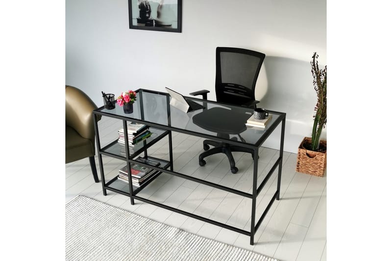 Sabani Skrivbord 130 cm med Förvaring 2 Hyllor - Glas/Rökfärgad/Svart - Möbler - Bord & matgrupp - Kontorsbord - Skrivbord