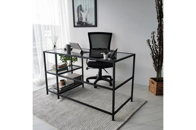 Sabani Skrivbord 130 cm med Förvaring 2 Hyllor - Glas/Rökfärgad/Svart - Möbler - Bord & matgrupp - Kontorsbord - Skrivbord