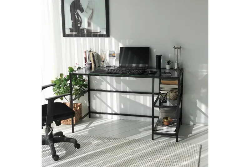 Sabani Skrivbord 130 cm med Förvaring 2 Hyllor - Glas/Rökfärgad/Svart - Möbler - Bord & matgrupp - Kontorsbord - Skrivbord