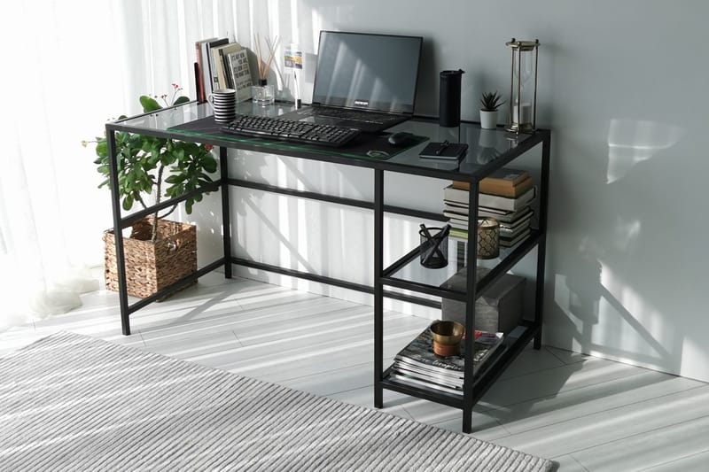 Sabani Skrivbord 130 cm med Förvaring 2 Hyllor - Glas/Rökfärgad/Svart - Möbler - Bord & matgrupp - Kontorsbord - Skrivbord