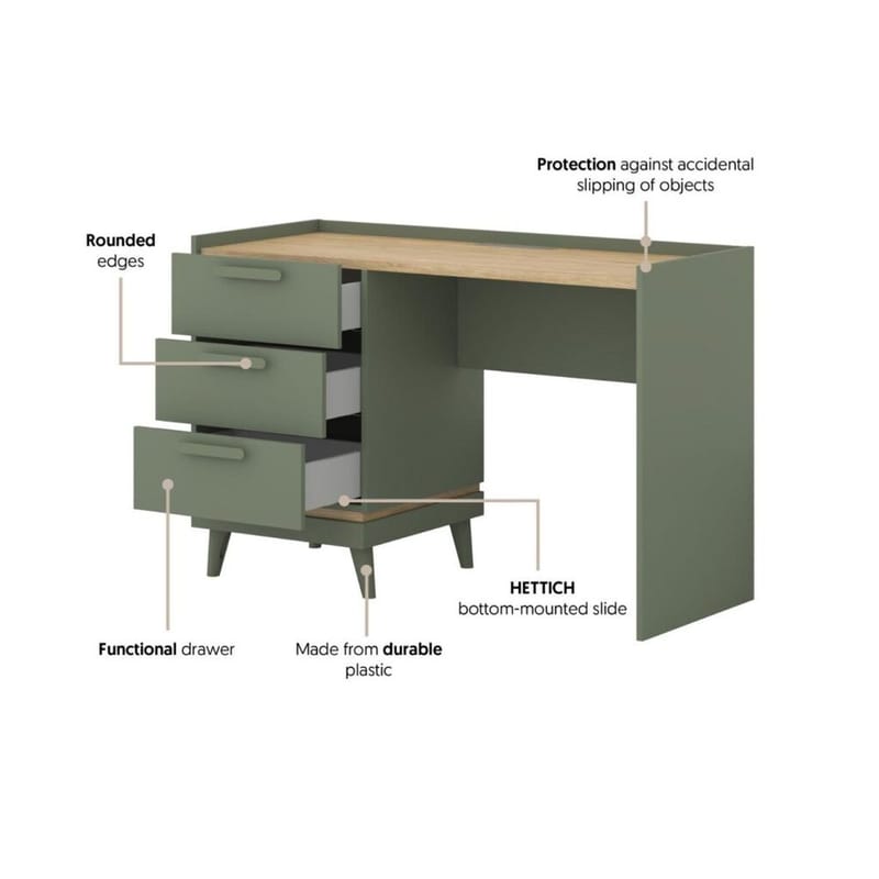 Skrivbord Scandi med 3 lådor - Dämpad grön - Oljad ek - Möbler - Bord & matgrupp - Kontorsbord - Skrivbord