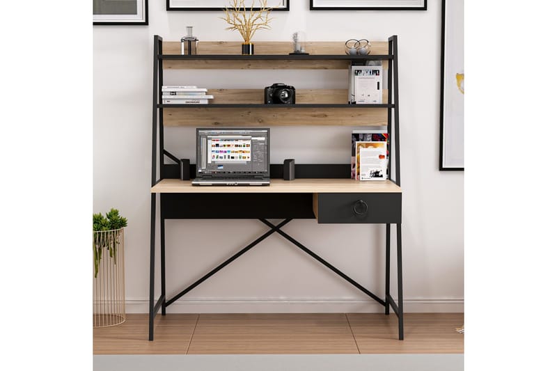 Skrivbord Aizpute 125 cm med Förvaring Låda + Hyllor - Natur/Svart - Skrivbord - Datorbord