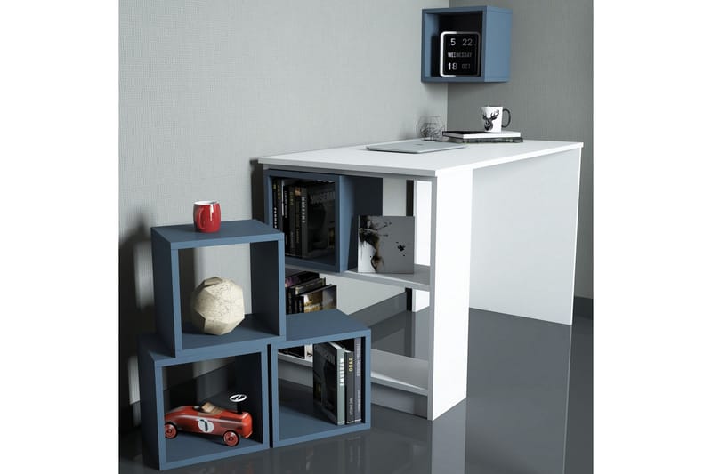 Skrivbord Amtorp 120 cm med Förvaring + Vägghylla + - Vit/Blå - Skrivbord - Datorbord