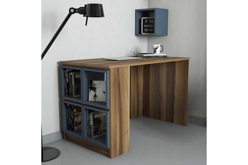 Skrivbord Amtorp 120 cm med Förvaring Hylla + Vägghylla - Brun/Blå - Skrivbord - Datorbord