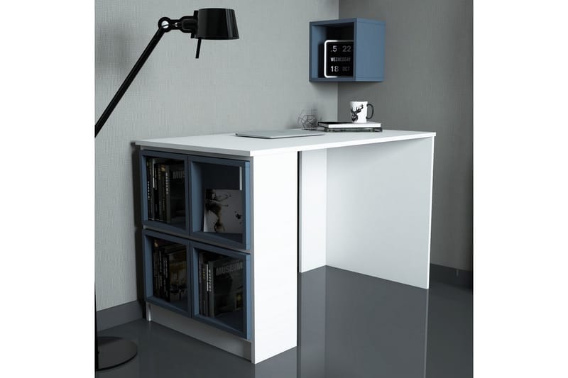 Skrivbord Amtorp 120 med Förvaring Hylla + Vägghylla - Vit/Blå - Skrivbord - Datorbord