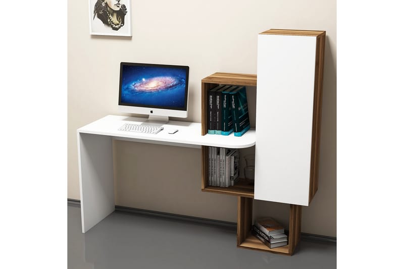 Skrivbord Amtorp 145 cm med Förvaring Hyllor + Skåp - Brun/Vit - Skrivbord - Datorbord
