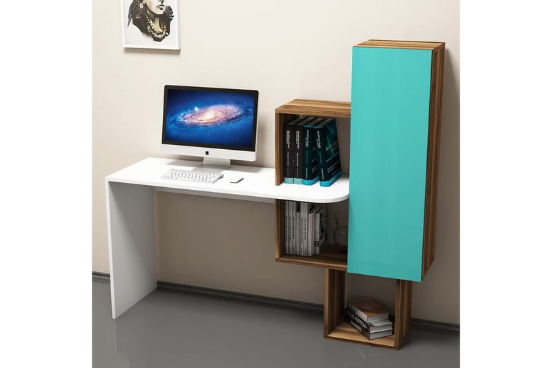 Skrivbord Amtorp 145 cm med Förvaring Hyllor + Skåp - Brun/Vit/Turkos - Skrivbord - Datorbord