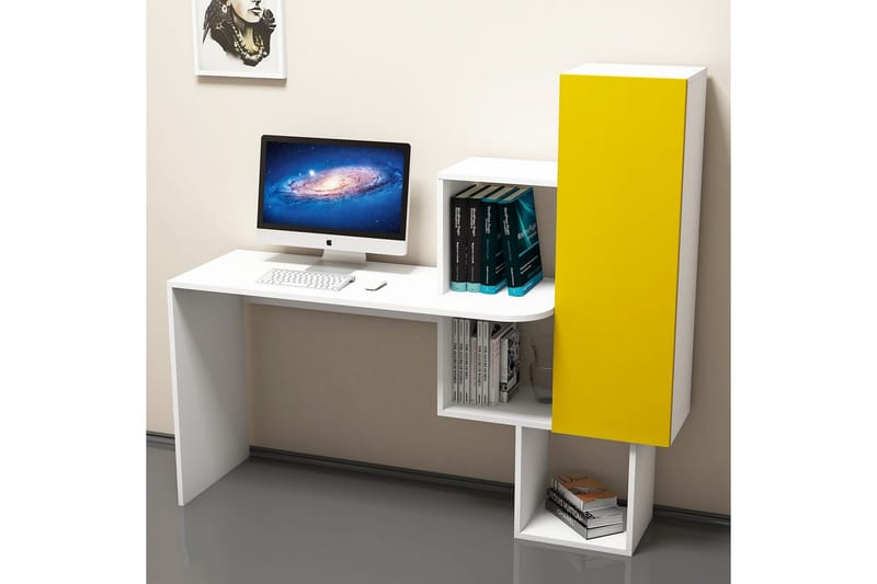 Skrivbord Amtorp 145 cm med Förvaring Hyllor + Skåp - Vit/Gul - Skrivbord - Datorbord