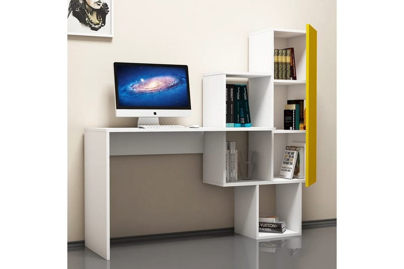 Skrivbord Amtorp 145 cm med Förvaring Hyllor + Skåp - Vit/Gul - Skrivbord - Datorbord