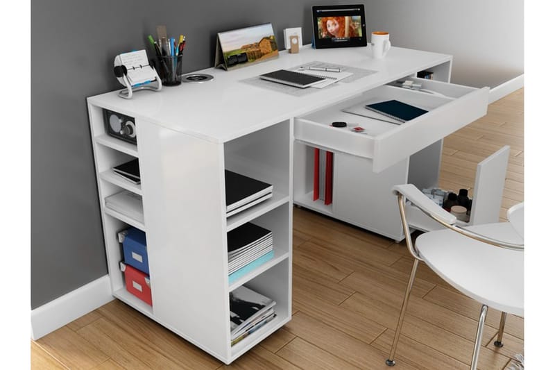 Skrivbord Anestad 145 cm med Förvaring Hyllor + Lådor - Vit - Skrivbord - Datorbord