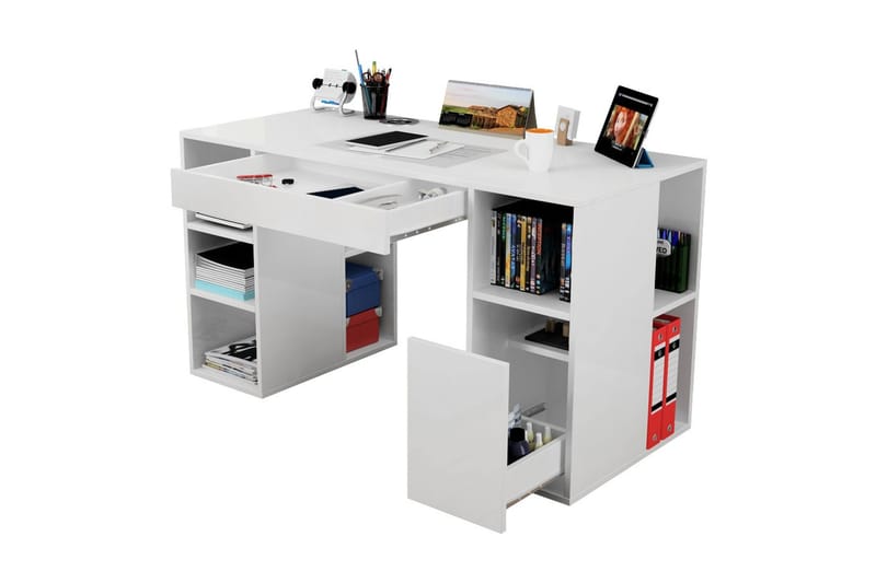 Skrivbord Anestad 145 cm med Förvaring Hyllor + Lådor - Vit - Skrivbord - Datorbord