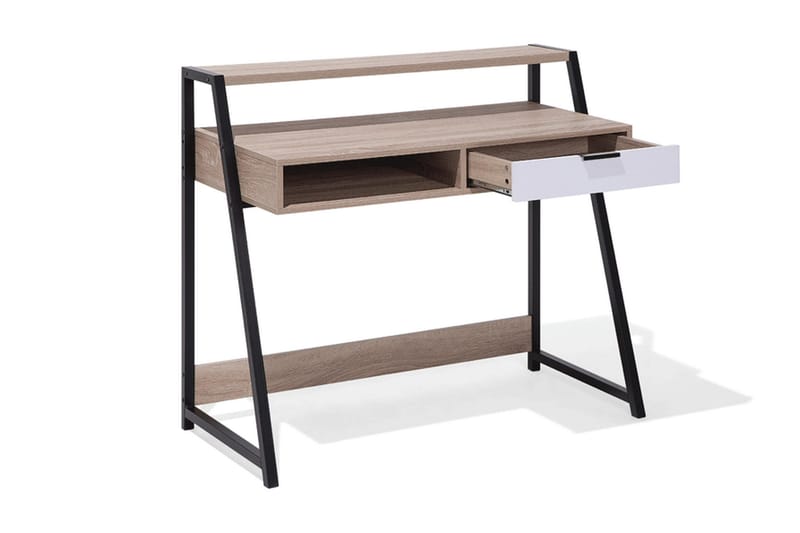 Skrivbord Calzona 100 cm med Förvaring Låda + Hylla - Ljusbrun/Vit/Svart - Skrivbord - Datorbord