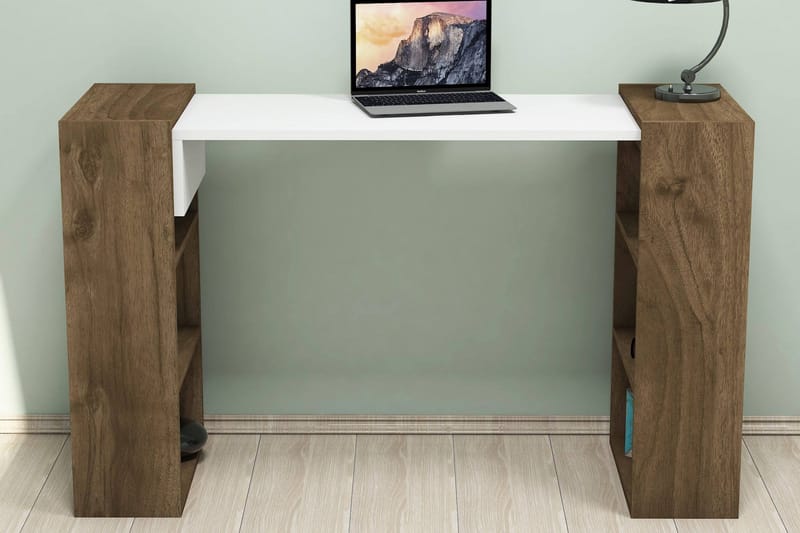 Skrivbord Fatimah 124 cm med Förvaring Hyllor - Valnötsbrun/Vit - Skrivbord - Datorbord