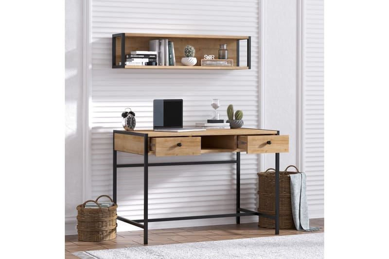 Skrivbord Grunnarp 100 cm med Förvaring 2 Lådor + Hylla - Brun - Skrivbord - Datorbord