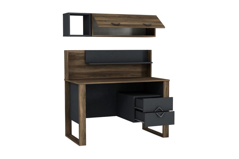 Skrivbord Jospeh 120 cm med Förvaring Lådor + Hyllor - Valnötsbrun/Mörkgrå - Skrivbord - Datorbord