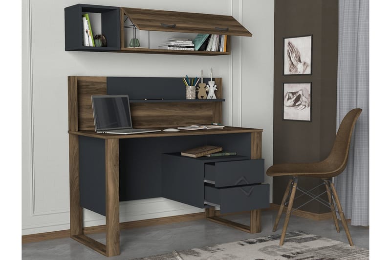 Skrivbord Jospeh 120 cm med Förvaring Lådor + Hyllor - Valnötsbrun/Mörkgrå - Skrivbord - Datorbord