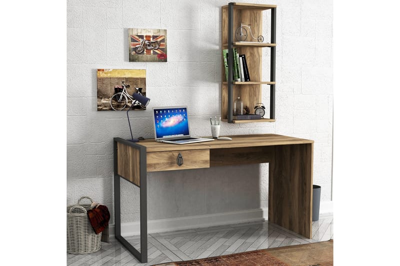 Skrivbord Jospeh 124 cm med Förvaring Låda+Vägghylla - Valnötsbrun - Skrivbord - Datorbord