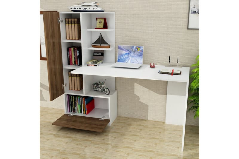 Skrivbord Lorella 120 cm med Förvaring Hyllor + Låda + Skåp - Vit/Valnötsbrun - Skrivbord - Datorbord