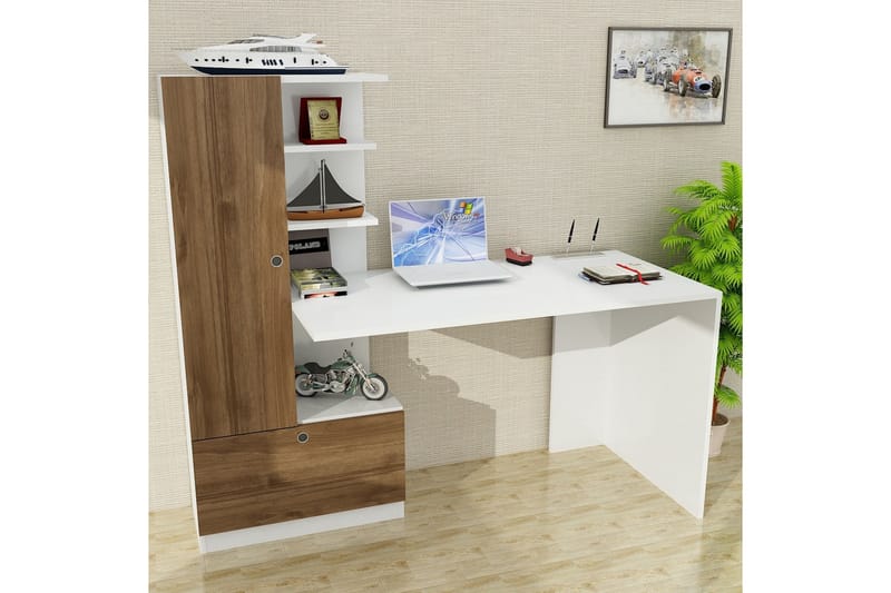 Skrivbord Lorella 120 cm med Förvaring Hyllor + Låda + Skåp - Vit/Valnötsbrun - Skrivbord - Datorbord