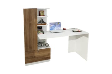 Skrivbord Lorella 120 cm med Förvaring Hyllor + Låda + Skåp - Vit/Valnötsbrun - Möbler - Bord & matgrupp - Kontorsbord - Skrivbord