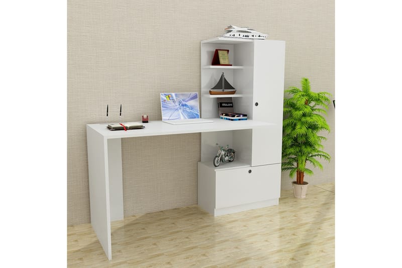 Skrivbord Lorella 150 cm med Förvaring Hyllor + Låda + Skåp - Vit - Skrivbord - Datorbord