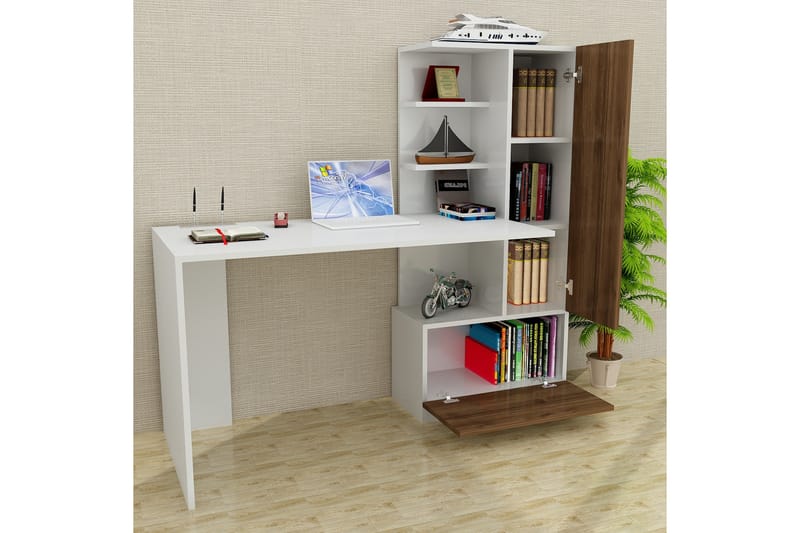 Skrivbord Lorella 150 cm med Förvaring Hyllor + Låda + Skåp - Vit/Valnötsbrun - Skrivbord - Datorbord