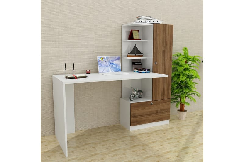 Skrivbord Lorella 150 cm med Förvaring Hyllor + Låda + Skåp - Vit/Valnötsbrun - Skrivbord - Datorbord