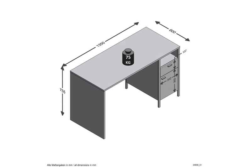 Skrivbord Mackynen 135 cm med Förvaring Låda + Skåp - Brun/Svart - Skrivbord - Datorbord