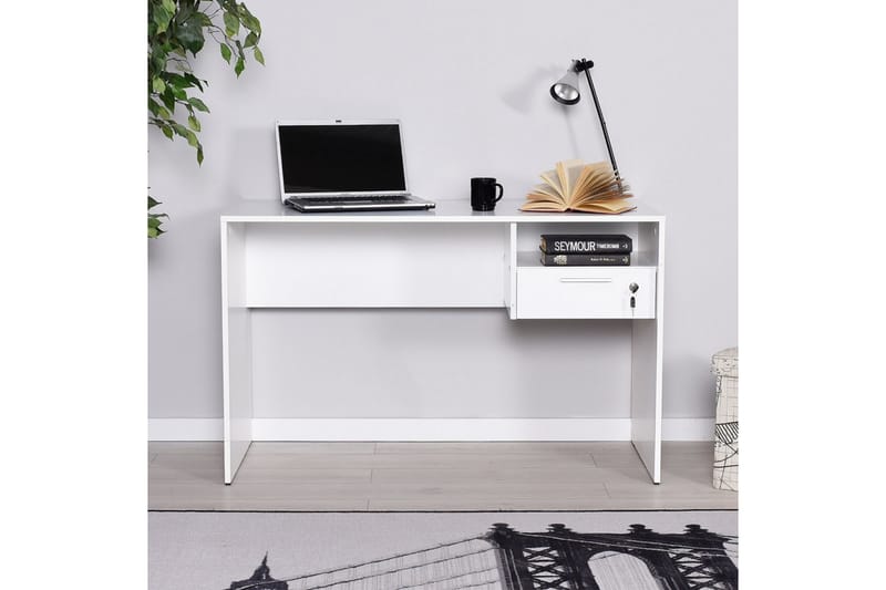 Skrivbord Mazirbe 120 cm med Förvaring Hyllor + Låsbar Låda - Vit - Möbler - Bord & matgrupp - Kontorsbord - Skrivbord