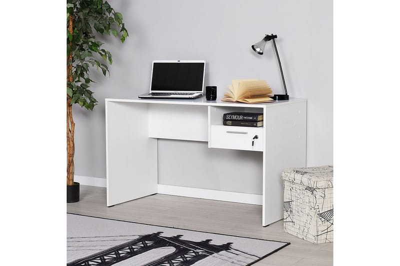 Skrivbord Mazirbe 120 cm med Förvaring Hyllor + Låsbar Låda - Vit - Möbler - Bord & matgrupp - Kontorsbord - Skrivbord