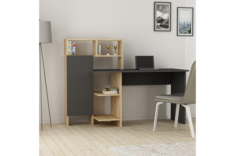 Skrivbord Mazirbe 135 cm med Förvaring Hyllor + Skåp - Antracit/Natur - Möbler - Bord & matgrupp - Kontorsbord - Skrivbord
