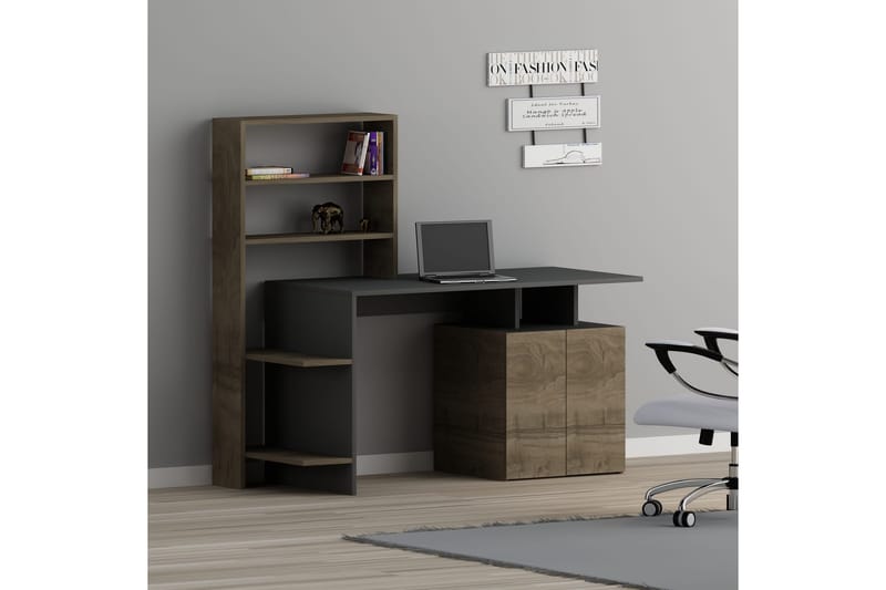 Skrivbord Melisin 146 cm med Förvaring Hyllor + Skåp - Valnötsbrun/Antracit - Skrivbord - Datorbord