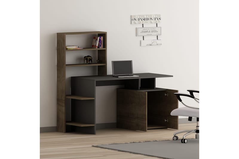Skrivbord Melisin 146 cm med Förvaring Hyllor + Skåp - Valnötsbrun/Antracit - Skrivbord - Datorbord
